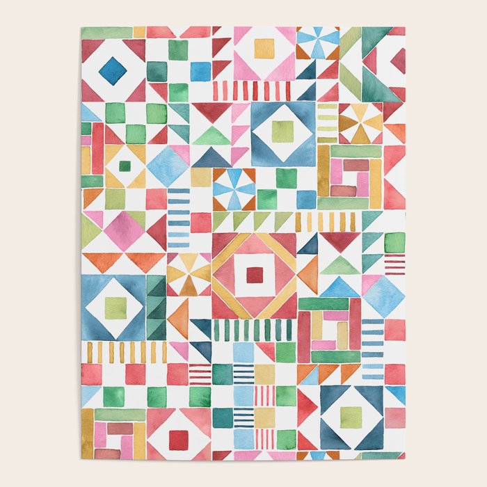 Christmas Geometric Patchwork Joy Watercolor Holiday Quilt Pattern Poster Gallery Image 1