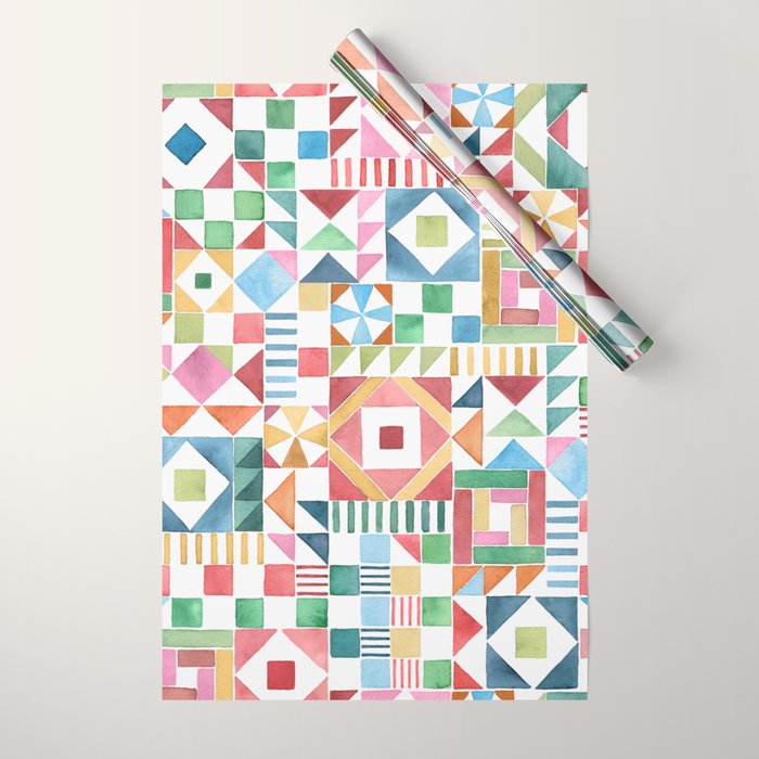 Christmas Geometric Patchwork Joy Watercolor Holiday Quilt Pattern Wrapping Paper Gallery Image 1