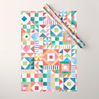 Christmas Geometric Patchwork Joy Watercolor Holiday Quilt Pattern Wrapping Paper Gallery Image 1