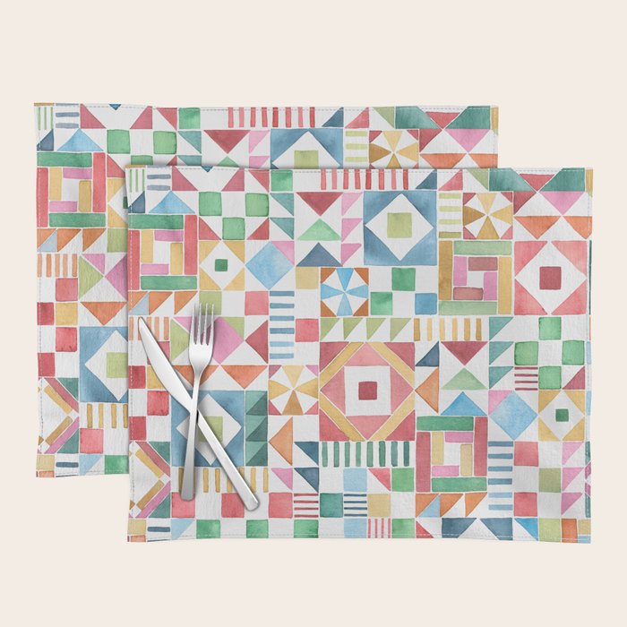Christmas Geometric Patchwork Joy Watercolor Holiday Quilt Pattern Placemat Gallery Image 1