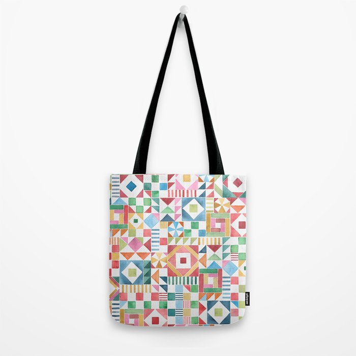 Christmas Geometric Patchwork Joy Watercolor Holiday Quilt Pattern Tote Bag Gallery Image 2
