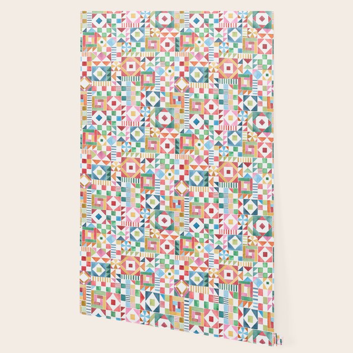 Christmas Geometric Patchwork Joy Watercolor Holiday Quilt Pattern Wallpaper Gallery Image 2