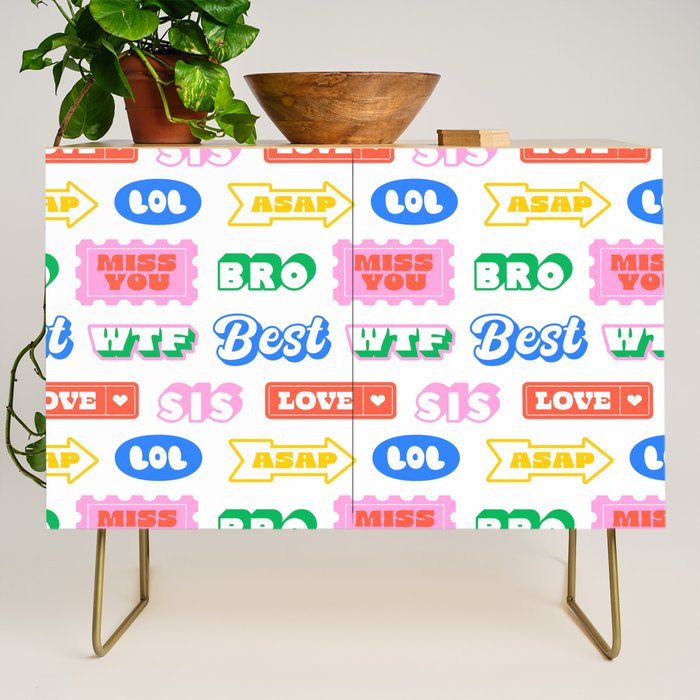 Retro funny sticker quote label pattern Credenza Gallery Image 1