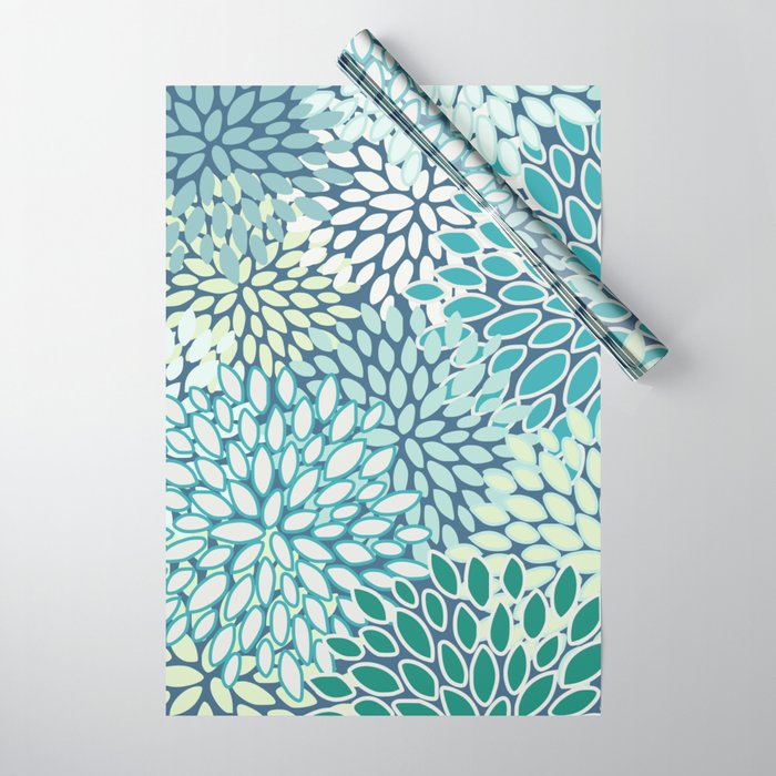 Christmas, Floral Prints, Teal, Blue and Green, Colour Prints Wrapping Paper Gallery Image 1