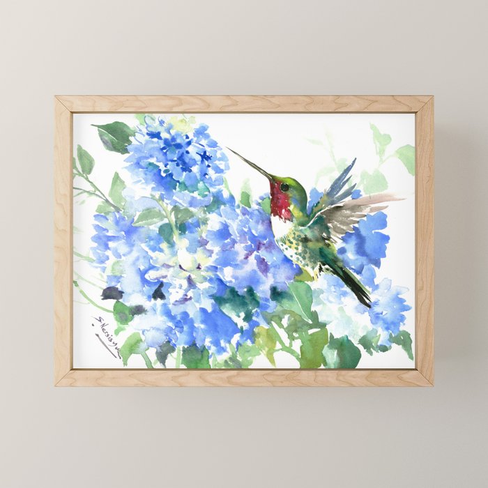 Hydrangea Flowers and Ruby Throat Hummingbird Mini Art Print Gallery Image 1