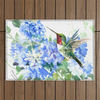 Hydrangea Flowers and Ruby Throat Hummingbird Outdoor Rug Gallery Image 1