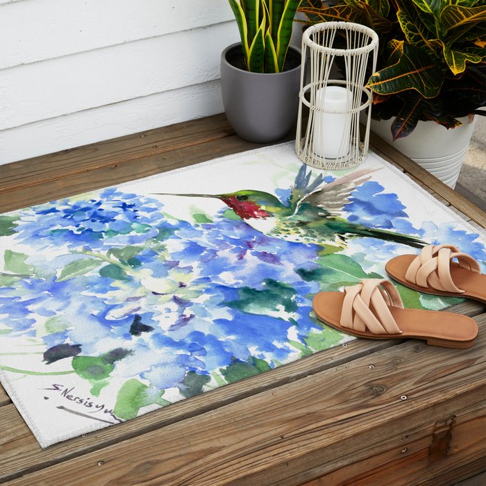 Hydrangea Flowers and Ruby Throat Hummingbird Outdoor Rug Gallery Image 2