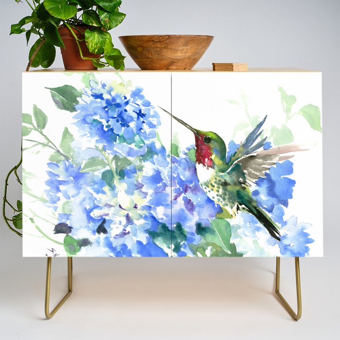Hydrangea Flowers and Ruby Throat Hummingbird Credenza Gallery Image 1