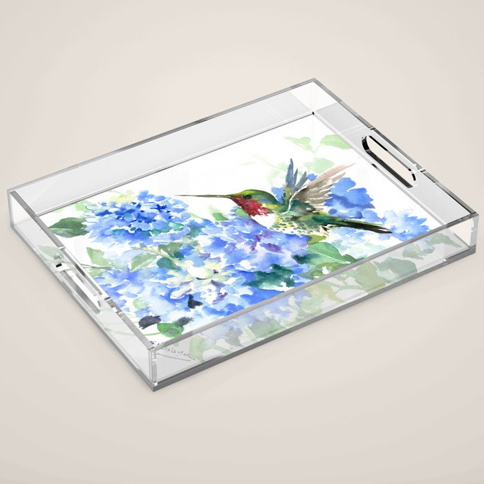 Hydrangea Flowers and Ruby Throat Hummingbird Acrylic Tray Gallery Image 1