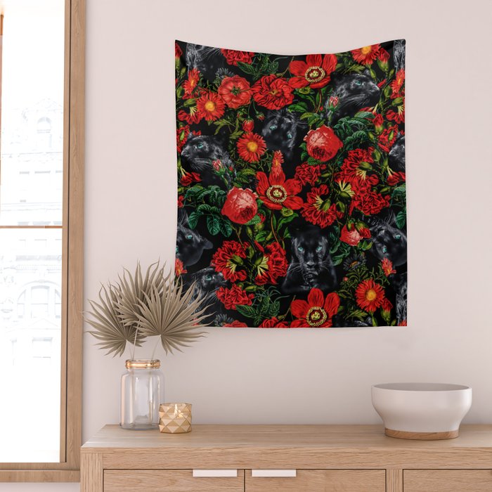 Panther and Floral Pattern XO Wall Tapestry Gallery Image 2