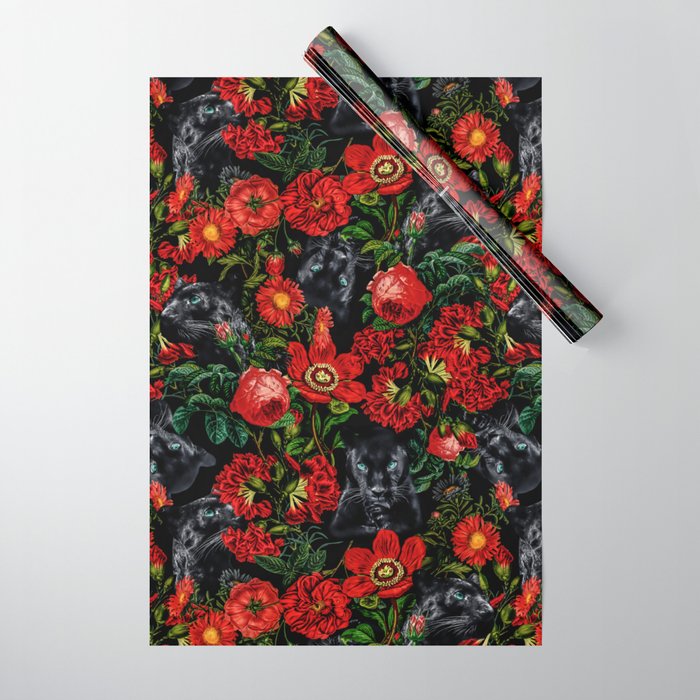 Panther and Floral Pattern XO Wrapping Paper Gallery Image 1