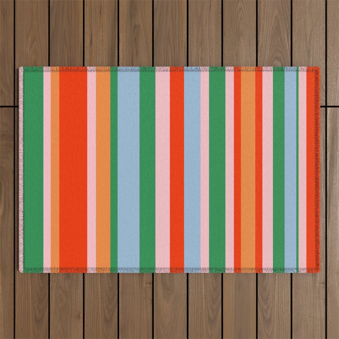Colorful Stripes Orange, Green, Pale Pink, and Light Blue Bold Vertical Pattern Outdoor Rug Gallery Image 1