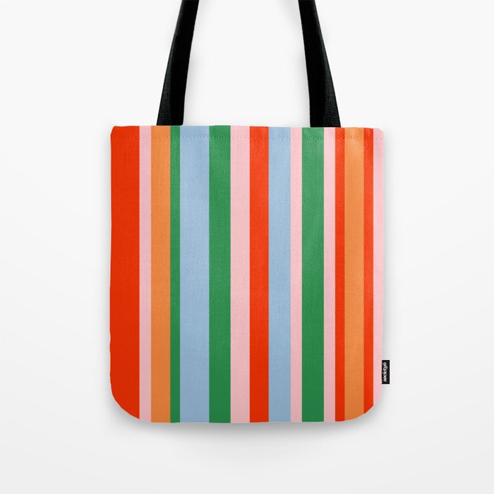 Colorful Stripes Orange, Green, Pale Pink, and Light Blue Bold Vertical Pattern Tote Bag Gallery Image 1