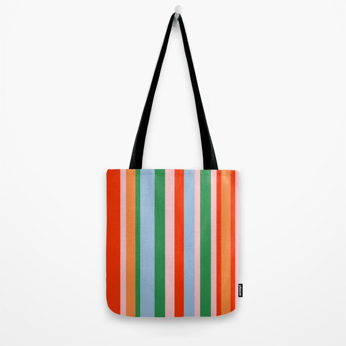 Colorful Stripes Orange, Green, Pale Pink, and Light Blue Bold Vertical Pattern Tote Bag Gallery Image 2