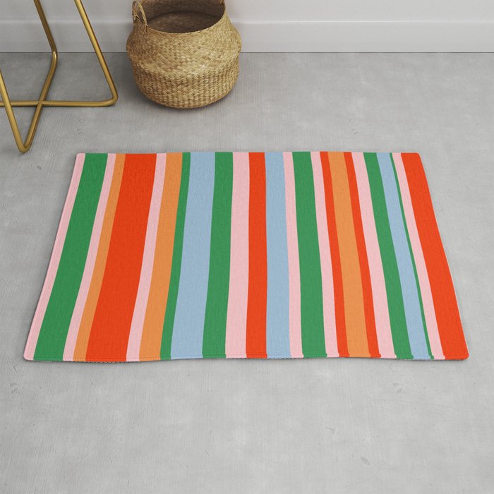 Colorful Stripes Orange, Green, Pale Pink, and Light Blue Bold Vertical Pattern Rug Gallery Image 1