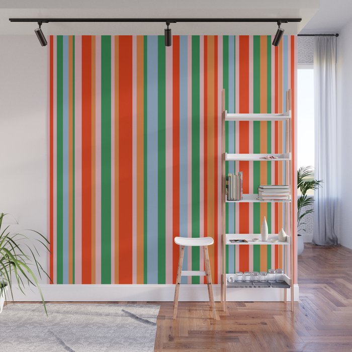 Colorful Stripes Orange, Green, Pale Pink, and Light Blue Bold Vertical Pattern Wall Mural Gallery Image 1
