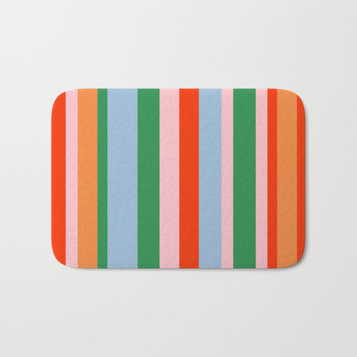 Colorful Stripes Orange, Green, Pale Pink, and Light Blue Bold Vertical Pattern Bath Mat Gallery Image 1