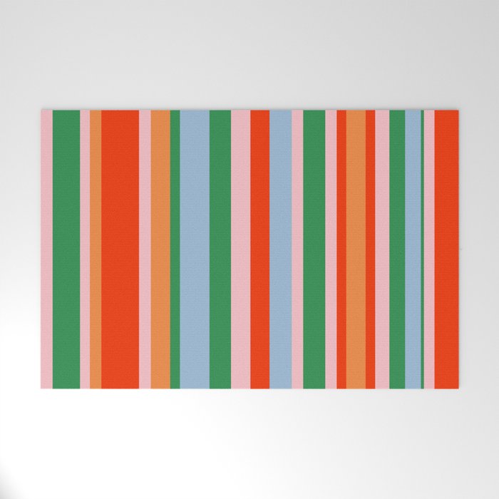 Colorful Stripes Orange, Green, Pale Pink, and Light Blue Bold Vertical Pattern Welcome Mat Gallery Image 1