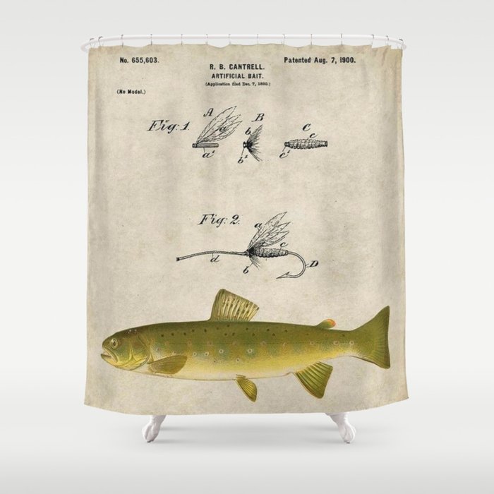 Vintage Brown Trout Fly Fishing Lure Patent Game Fish Identification Chart Shower Curtain Gallery Image 1