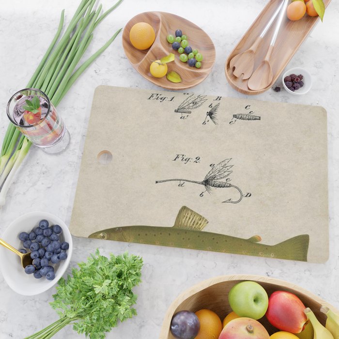 Vintage Brown Trout Fly Fishing Lure Patent Game Fish Identification Chart Cutting Board Gallery Image 2