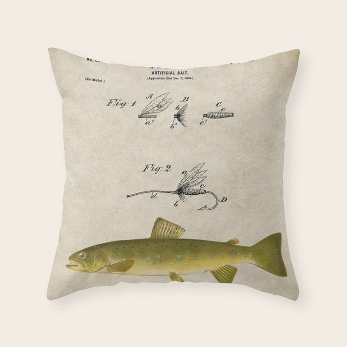 Vintage Brown Trout Fly Fishing Lure Patent Game Fish Identification Chart Throw Pillow Gallery Image 1