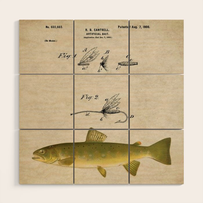 Vintage Brown Trout Fly Fishing Lure Patent Game Fish Identification Chart Wood Wall Art Gallery Image 1