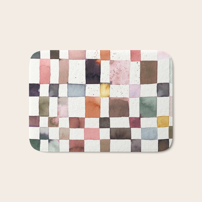 Watercolor Fall Checker Rustic Earthy Bath Mat Gallery Image 1