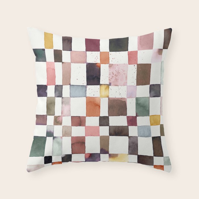 Watercolor Fall Checker Rustic Earthy Throw Pillow Gallery Image 1