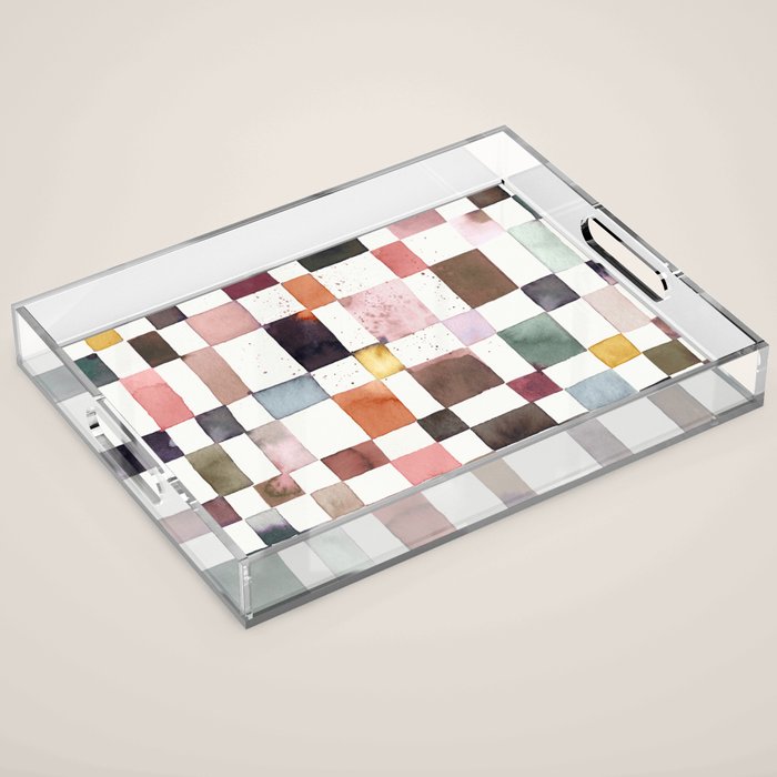 Watercolor Fall Checker Rustic Earthy Acrylic Tray Gallery Image 1