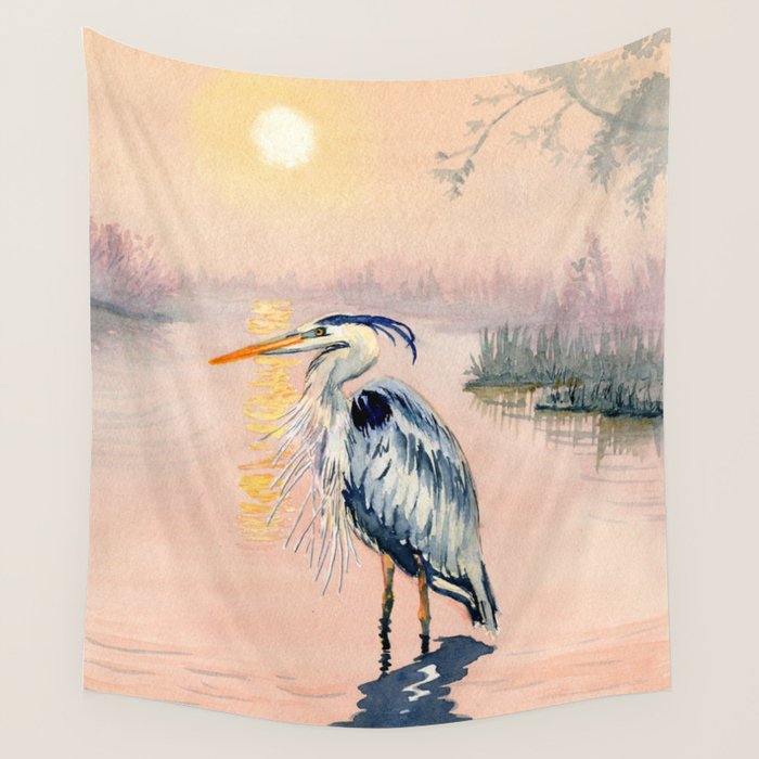 Great Blue Heron at Sunset Wall Tapestry Gallery Image 4