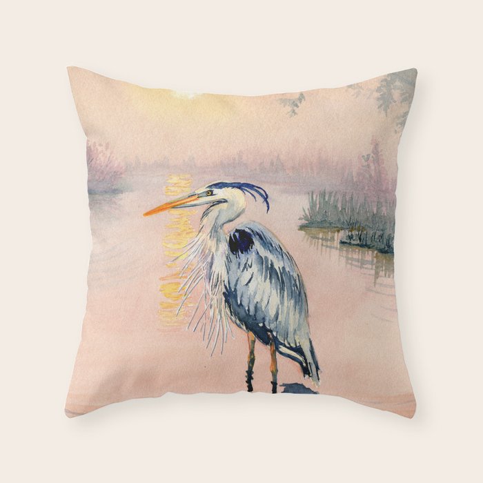 Great Blue Heron at Sunset Throw Pillow Gallery Image 1