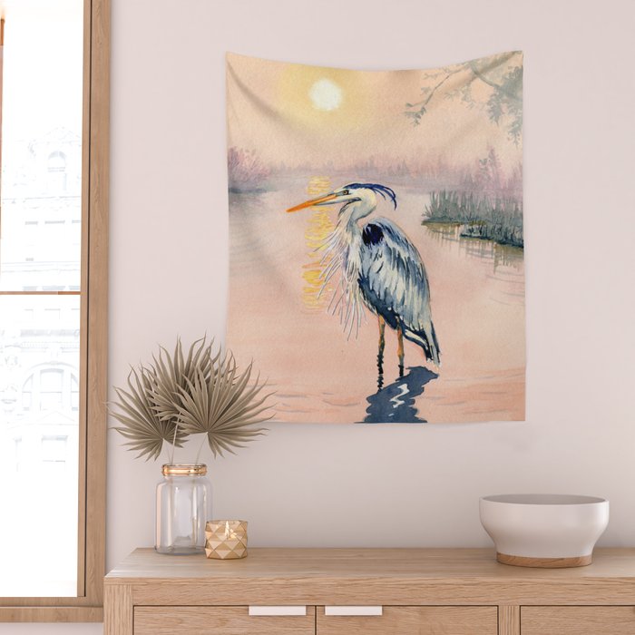 Great Blue Heron at Sunset Wall Tapestry Gallery Image 2