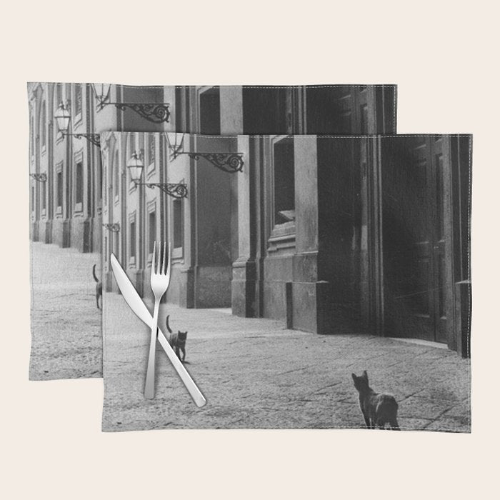 Two French Cats, Paris Left Bank black and white cityscape photograph / photography Placemat Gallery Image 1