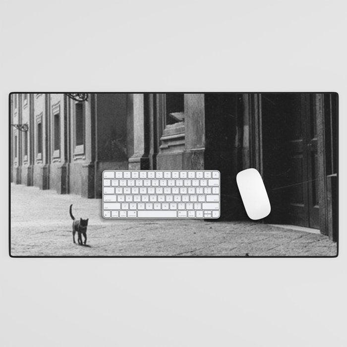 Two French Cats, Paris Left Bank black and white cityscape photograph / photography Desk Mat Gallery Image 1