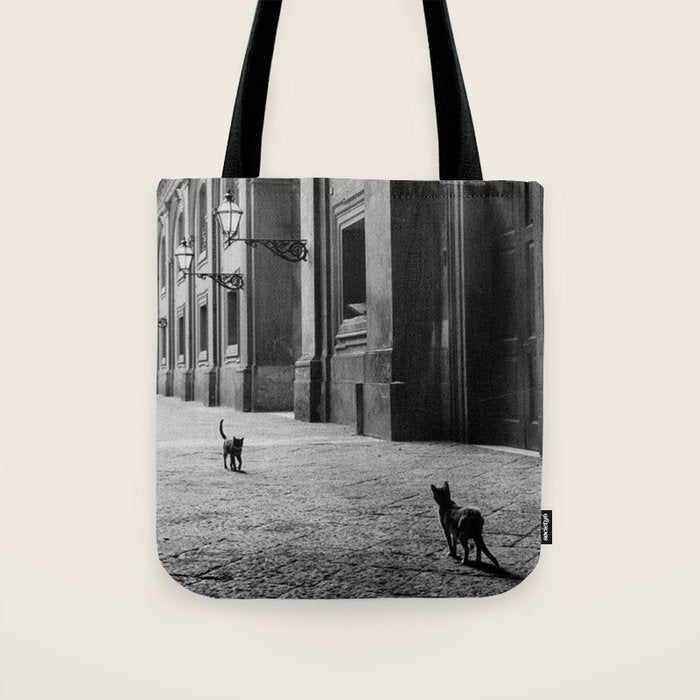 Two French Cats, Paris Left Bank black and white cityscape photograph / photography Tote Bag Gallery Image 1