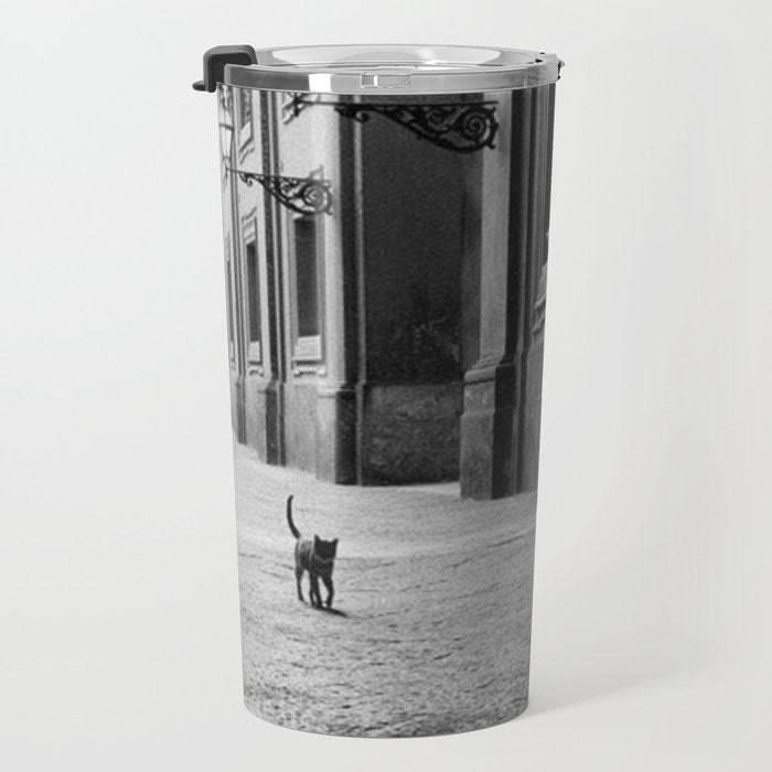 Two French Cats, Paris Left Bank black and white cityscape photograph / photography Travel Mug Gallery Image 3