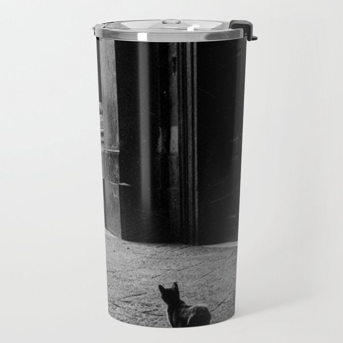 Two French Cats, Paris Left Bank black and white cityscape photograph / photography Travel Mug Gallery Image 2