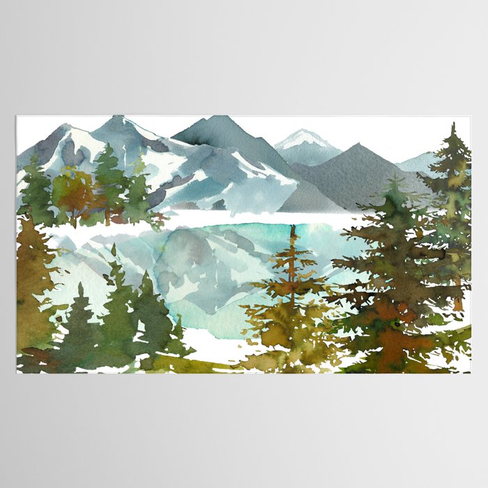 Forest green teal blue watercolor hand painted landscape Tablecloth Gallery Image 2