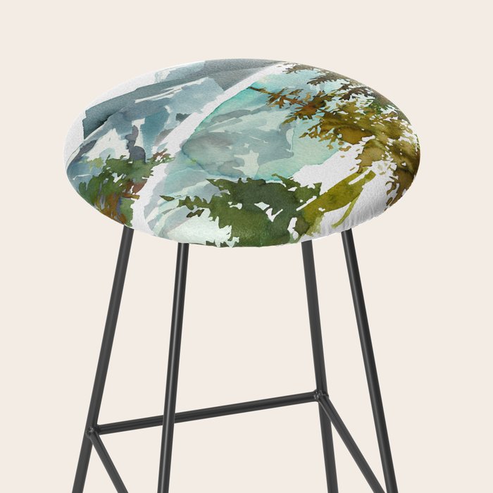 Forest green teal blue watercolor hand painted landscape Stool Gallery Image 2