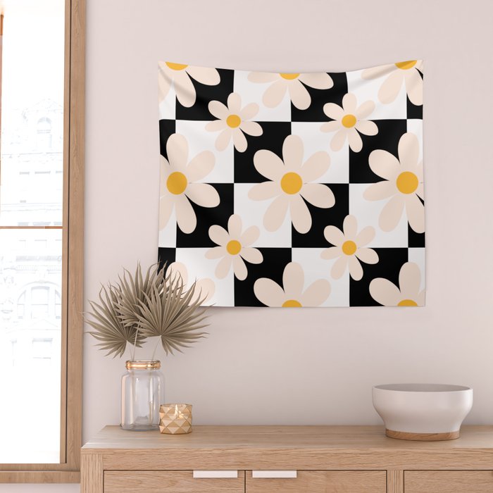 Black and White Checkered Daisy pattern  Wall Tapestry Gallery Image 2