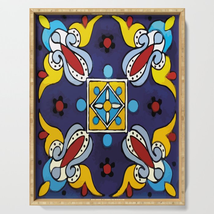 Abstract blue cruz mexican modern talavera tile wall Serving Tray Gallery Image 1