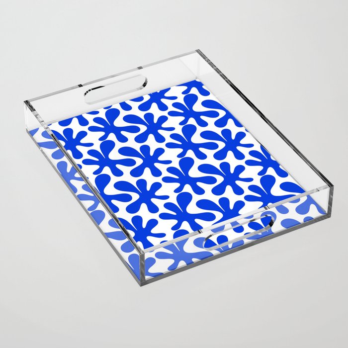 Bold Blue Funky Abstract Amoeba Dance Pattern on White Acrylic Tray Gallery Image 1