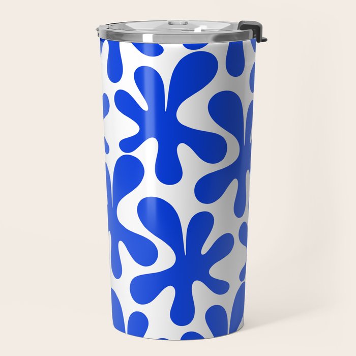 Bold Blue Funky Abstract Amoeba Dance Pattern on White Travel Mug Gallery Image 2