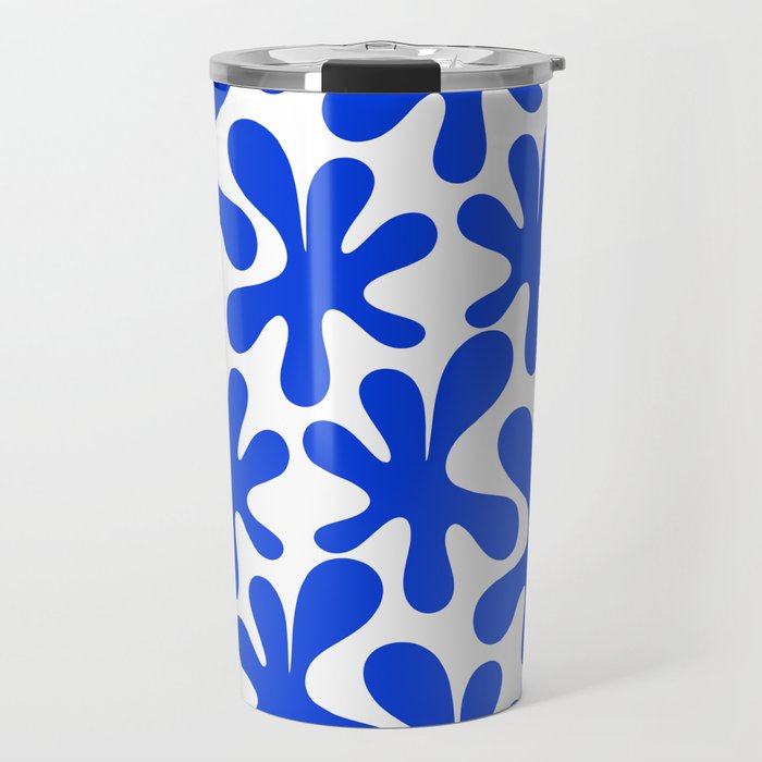 Bold Blue Funky Abstract Amoeba Dance Pattern on White Travel Mug Gallery Image 1