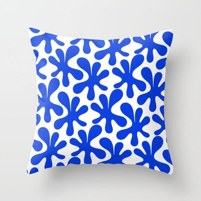Bold Blue Funky Abstract Amoeba Dance Pattern on White Throw Pillow Gallery Image 1