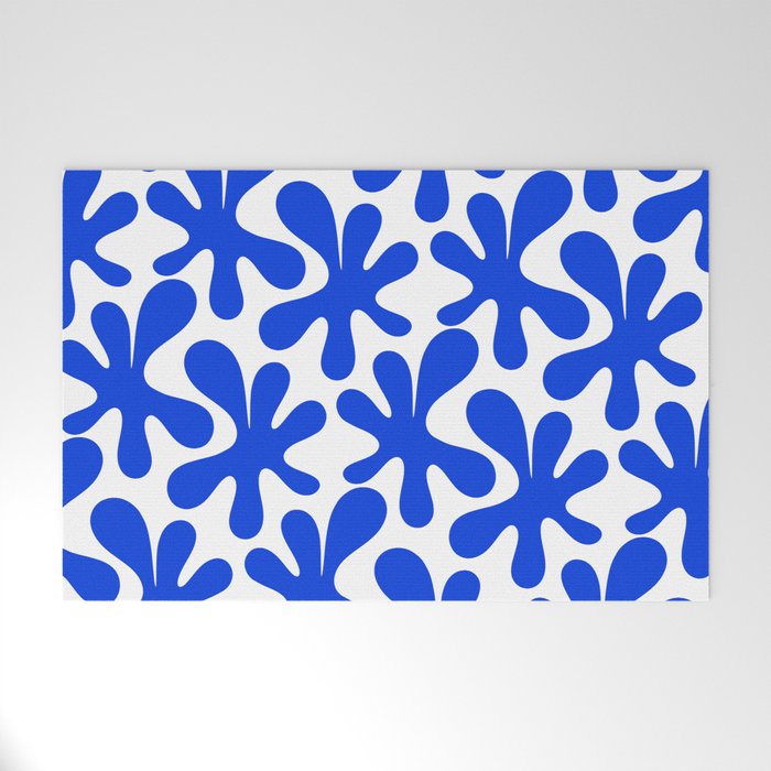 Bold Blue Funky Abstract Amoeba Dance Pattern on White Welcome Mat Gallery Image 1