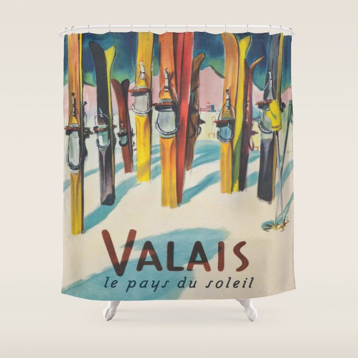 Valais Vintage Ski Travel Poster Shower Curtain Gallery Image 1