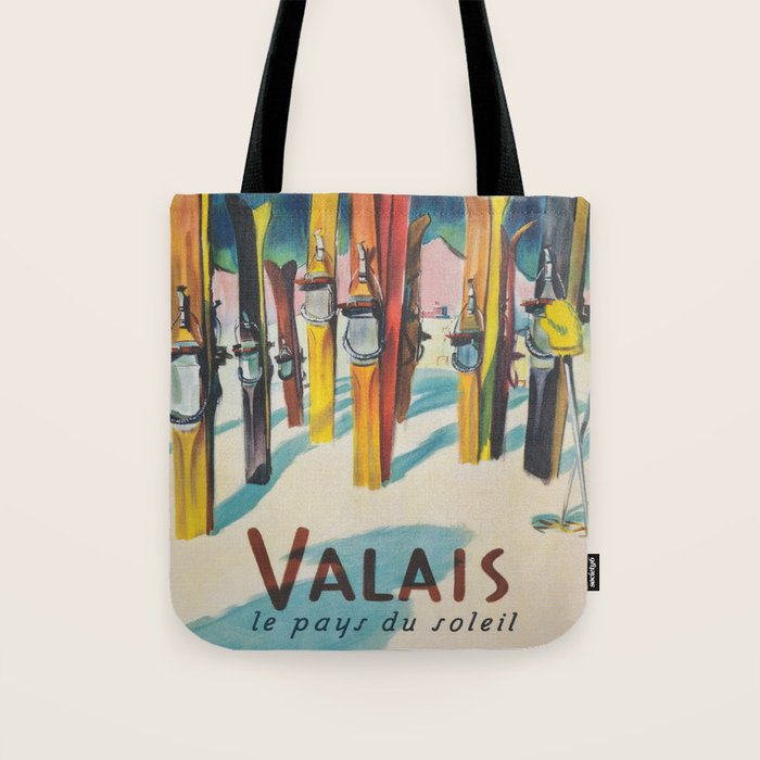 Valais Vintage Ski Travel Poster Tote Bag Gallery Image 1