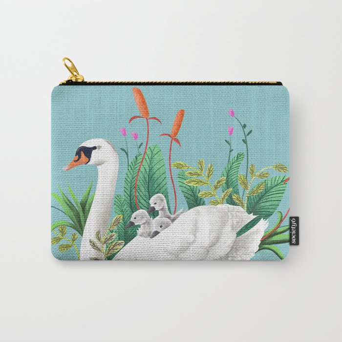 Bond, Jungle Animals, Swan Family Nature Pond Illustration, Bohemian Ducks Love Colorful Botanical Carry All Pouch Gallery Image 1