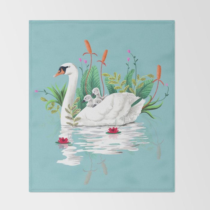 Bond, Jungle Animals, Swan Family Nature Pond Illustration, Bohemian Ducks Love Colorful Botanical Throw Blanket Gallery Image 2
